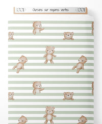 Tissu - Oursons sur rayures vertes