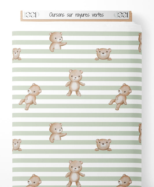 Tissu - Oursons sur rayures vertes
