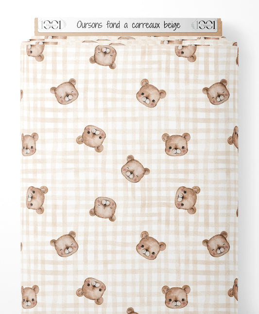 Tissu - Oursons sur fond à carreaux beige