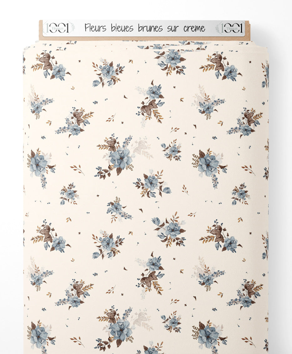 Tissu - Fleurs bleues brunes sur crème