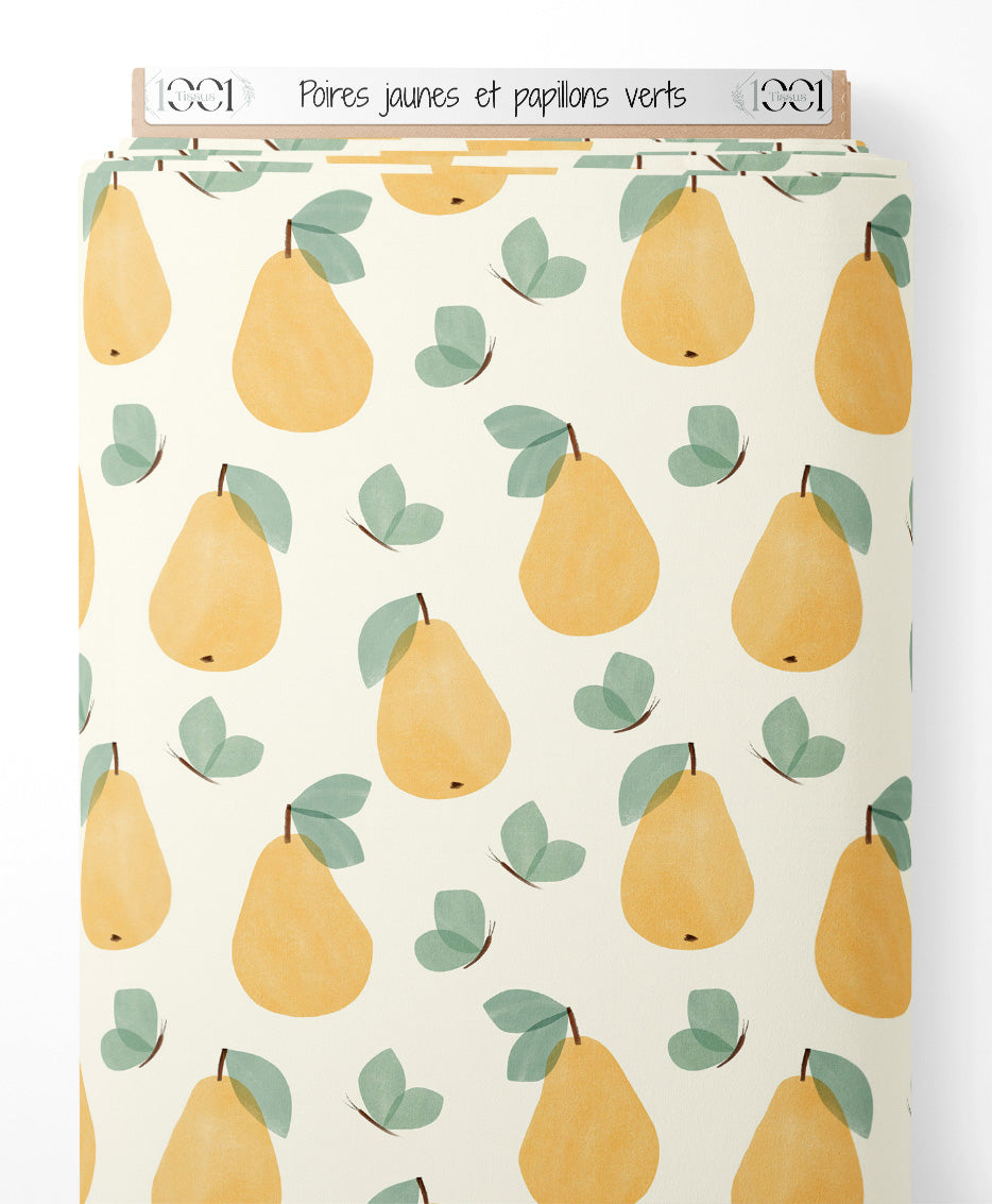 Tissu - Poires jaunes et papillons verts