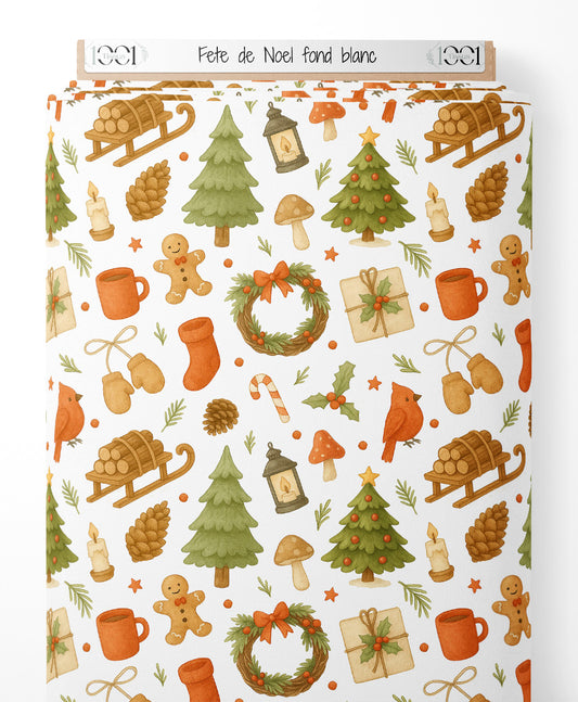 Tissu - Fête de Noël sur fond blanc