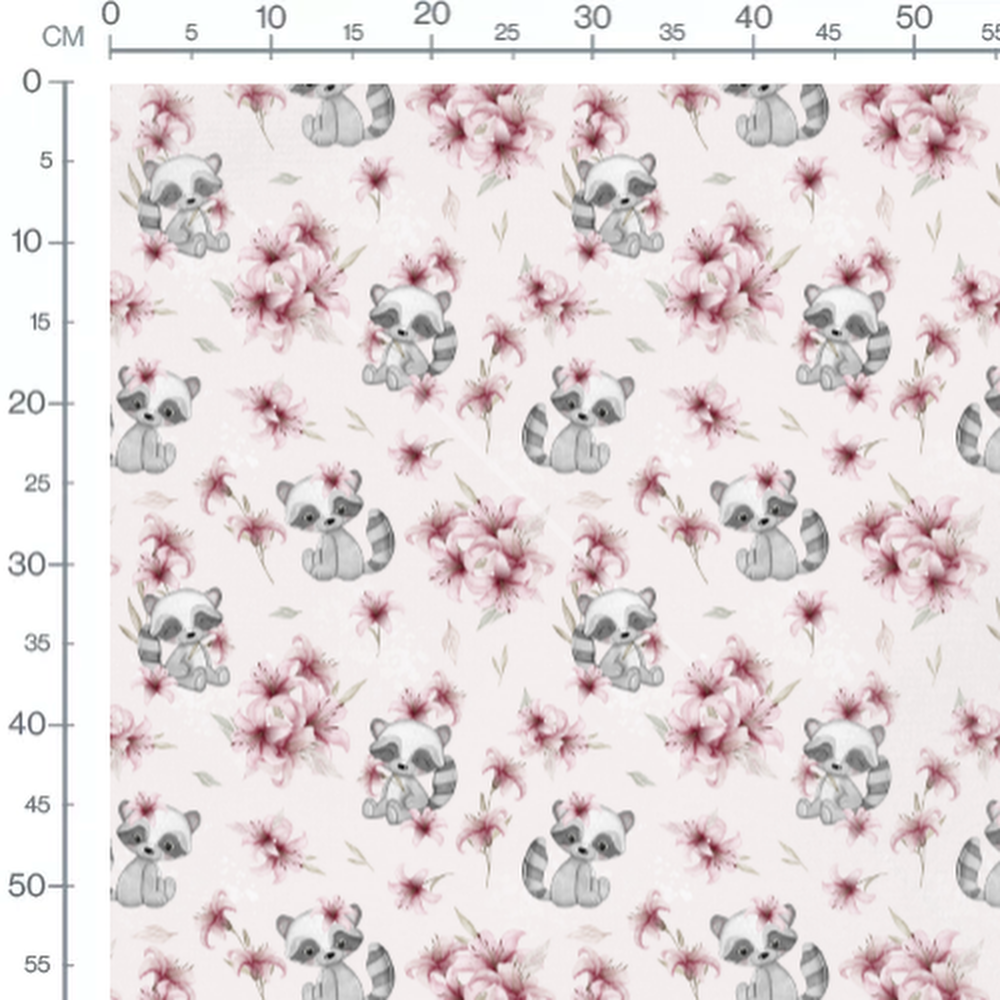 Tissu - Raton laveur et fleurs délicates