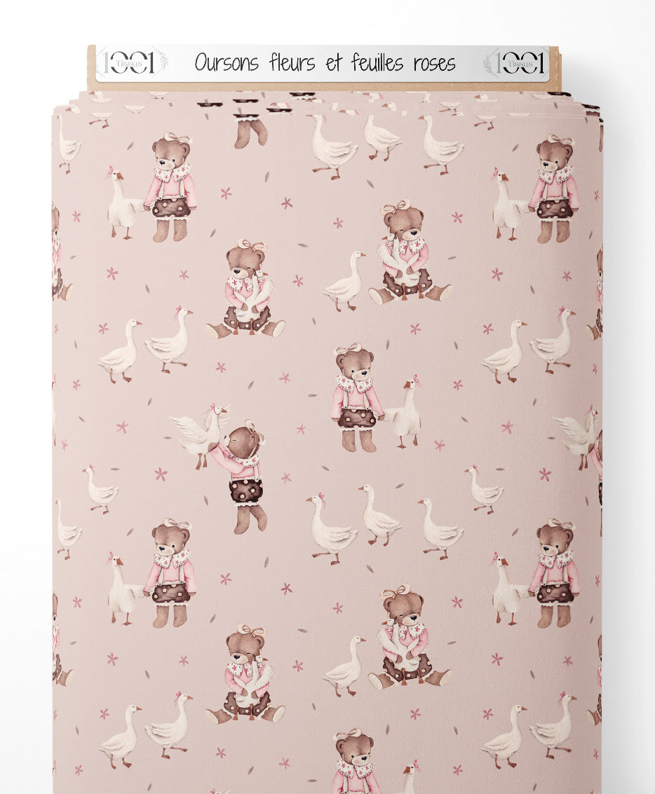 Tissu - Oursons, fleurs et feuilles roses