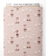 Tissu - Oursons, fleurs et feuilles roses