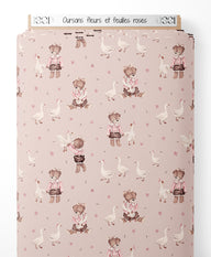 Tissu - Oursons, fleurs et feuilles roses