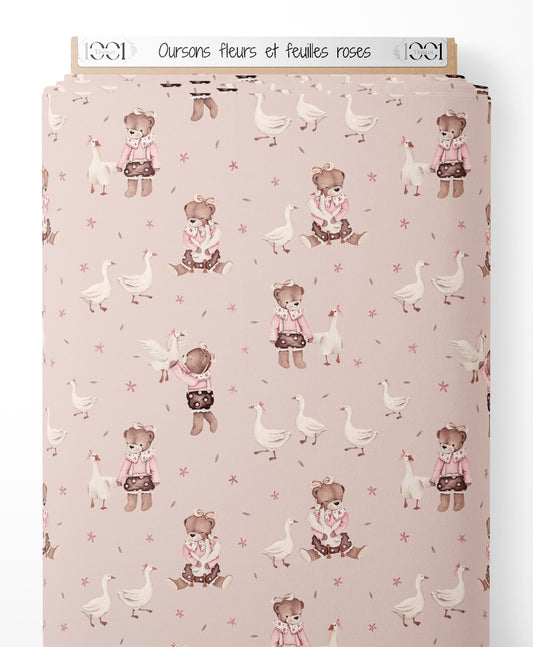 Tissu - Oursons, fleurs et feuilles roses