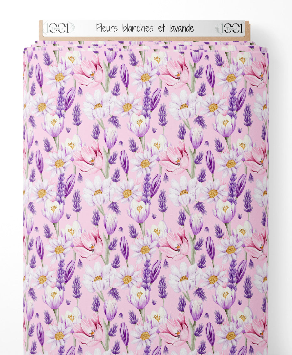 Tissu - Fleurs blanches et lavande