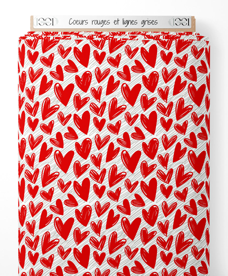 Tissu - Cœurs rouges et lignes grises