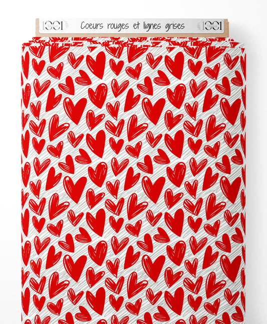 Tissu - Cœurs rouges et lignes grises