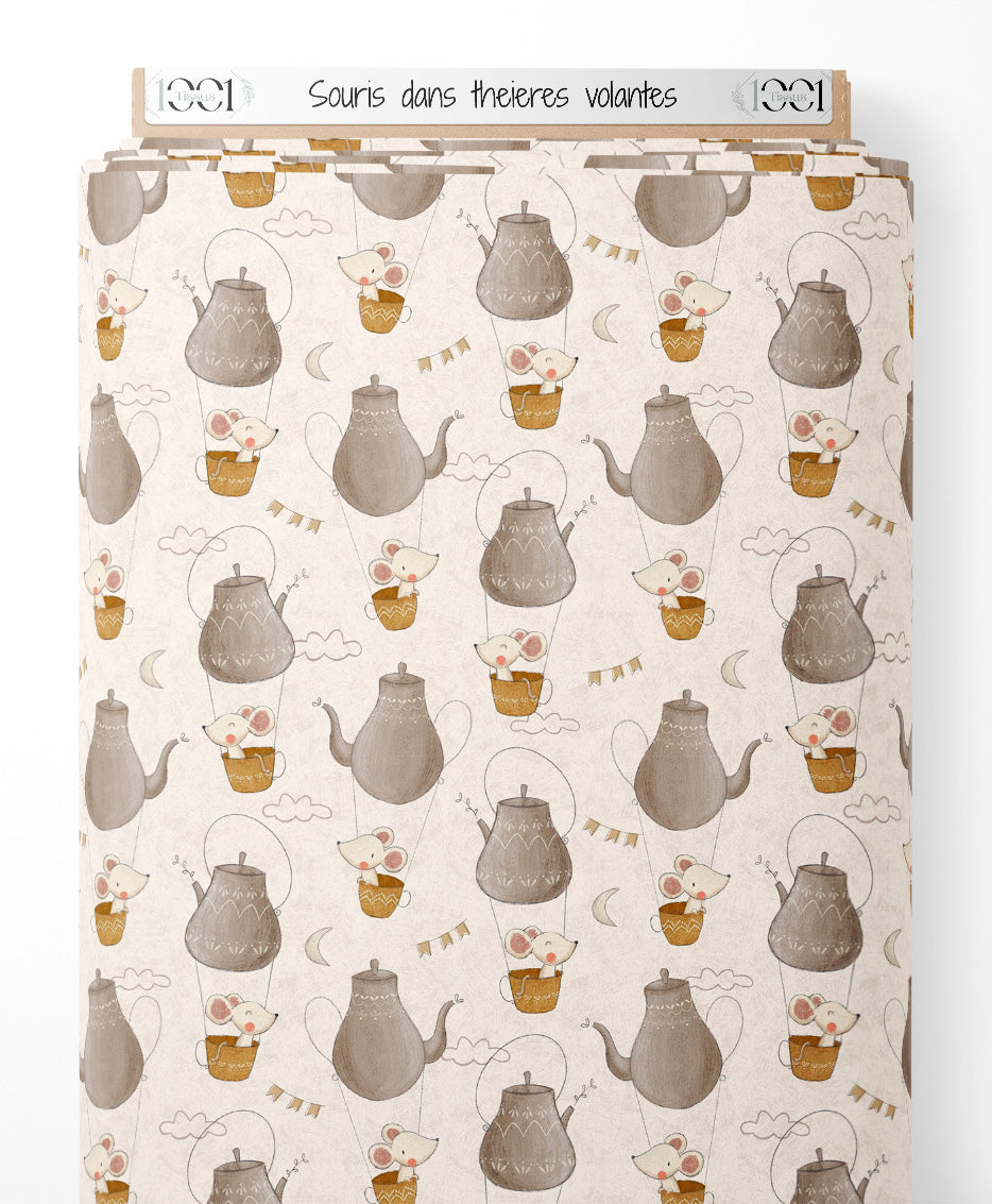 Tissu - Souris dans théières volantes