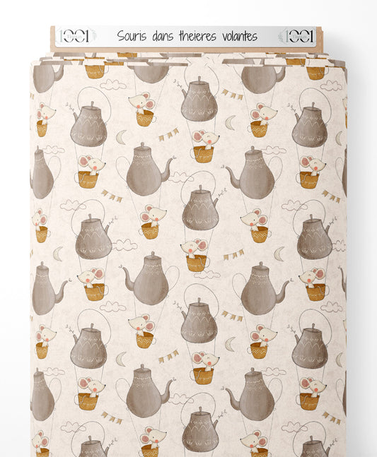 Tissu - Souris dans théières volantes