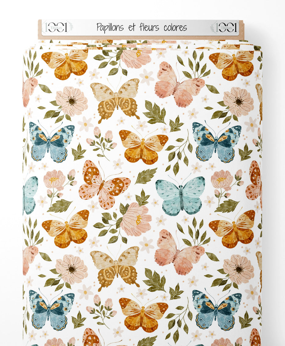 Tissu - Papillons et fleurs colorés