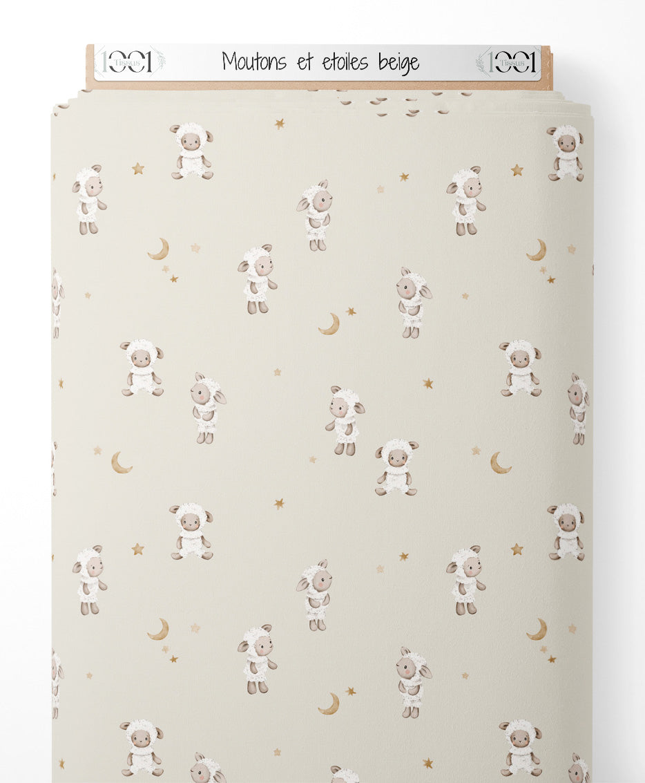 Tissu - Moutons et étoiles beige