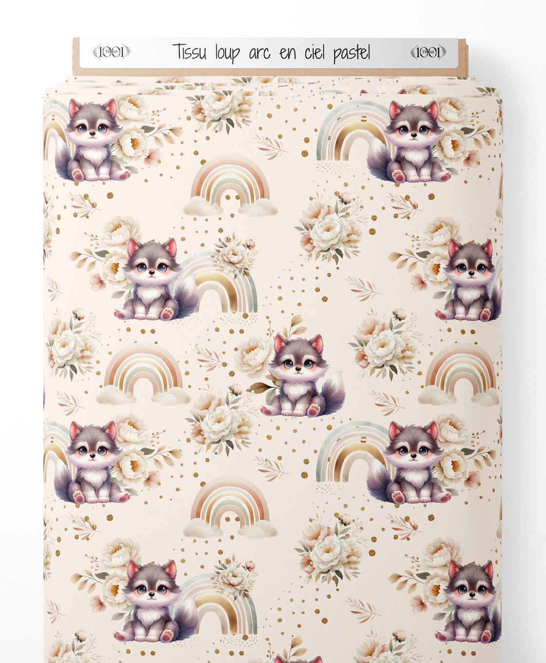 Tissu - loup arc en ciel pastel