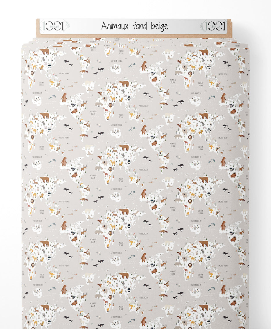 Tissu - Animaux sur fond beige