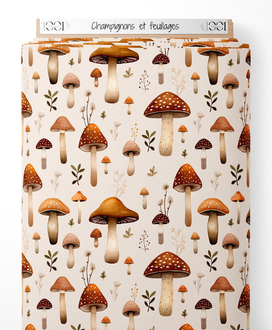 Tissu - Champignons et feuillages