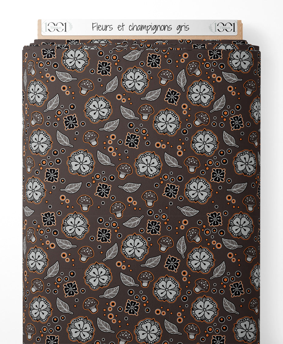 Tissu - Fleurs et champignons gris