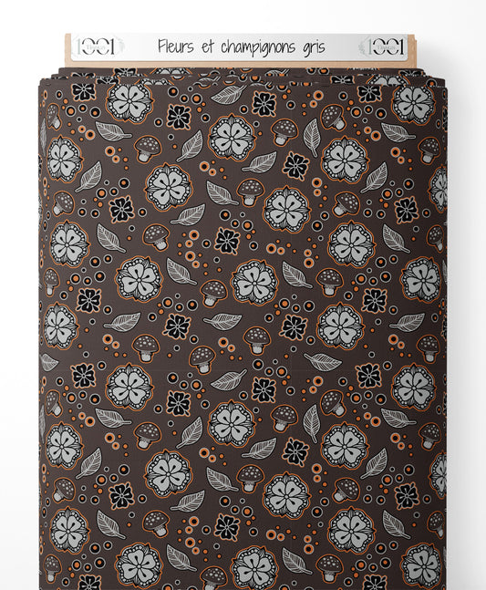 Tissu - Fleurs et champignons gris