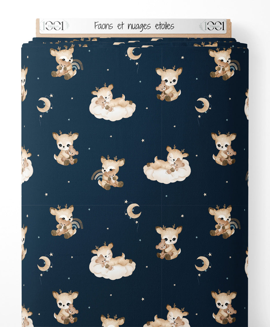Tissu - Faons et nuages étoilés