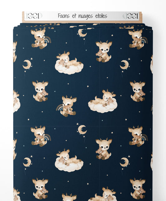 Tissu - Faons et nuages étoilés
