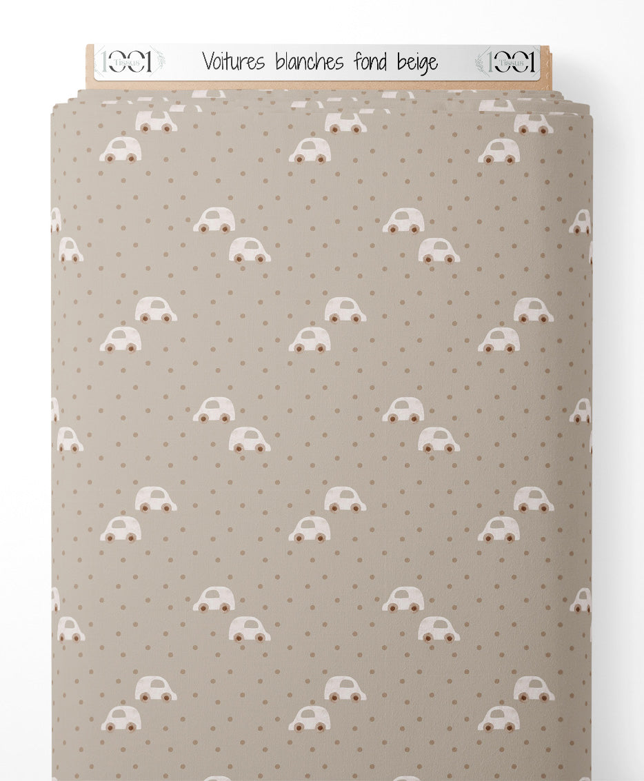Tissu - Voitures blanches sur fond beige