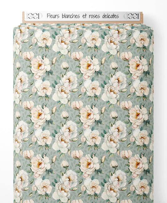 Tissu - Fleurs blanches et roses délicates