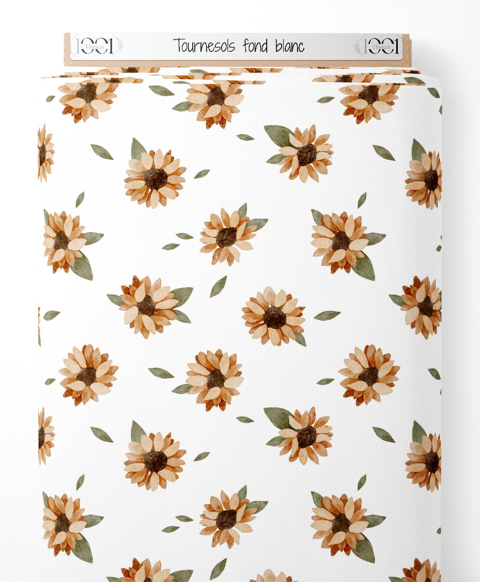 Tissu - Tournesols sur fond blanc