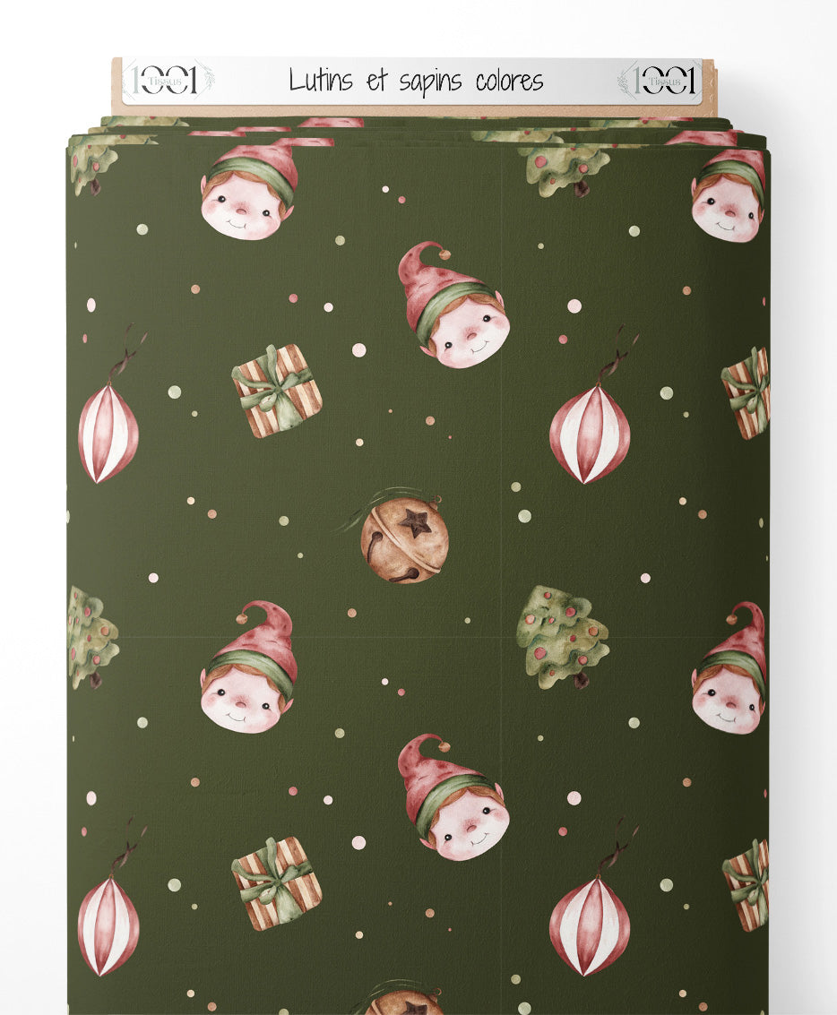 Tissu - Lutins et sapins colorés