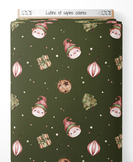 Tissu - Lutins et sapins colorés
