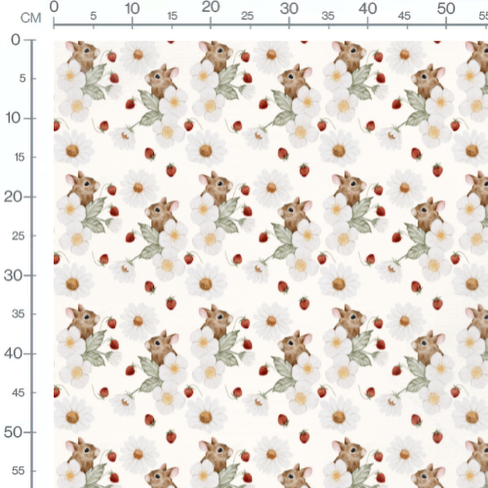 Tissu - Souris brunes et fraises rouges