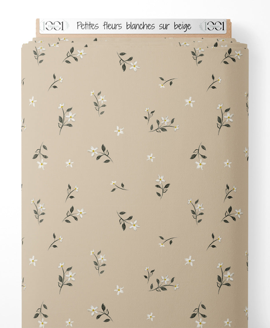 Tissu - Petites fleurs blanches sur beige