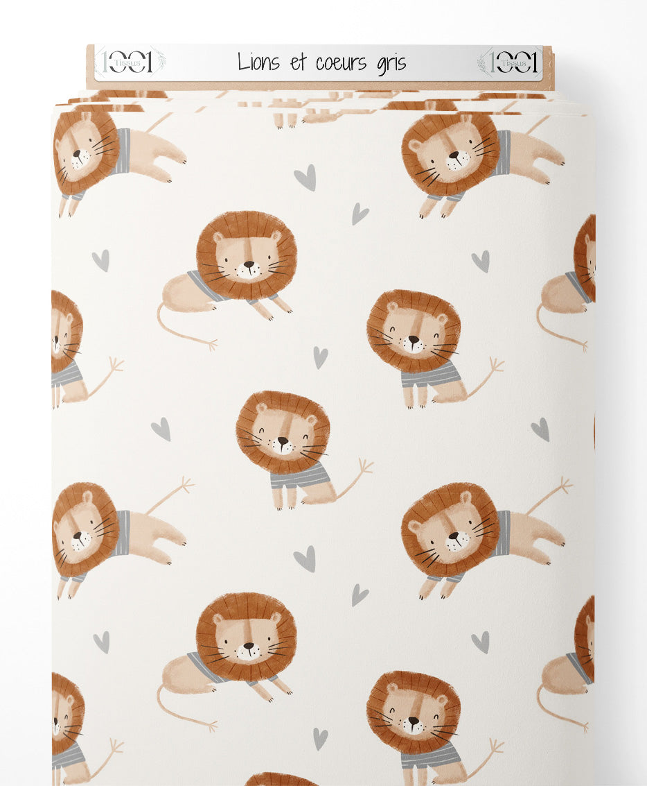 Tissu - Lions et cœurs gris