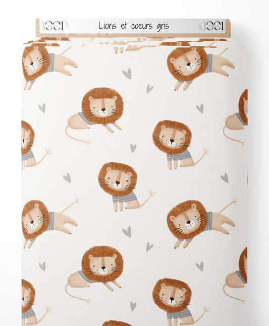 Tissu - Lions et cœurs gris