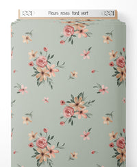 Tissu - Fleurs roses sur fond vert