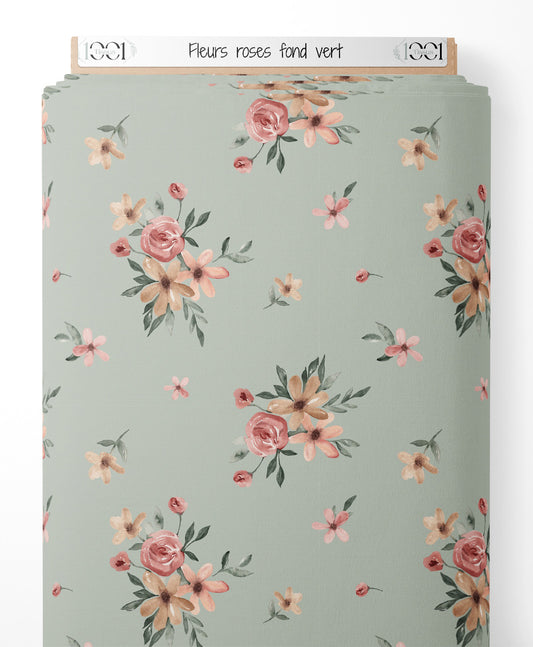 Tissu - Fleurs roses sur fond vert