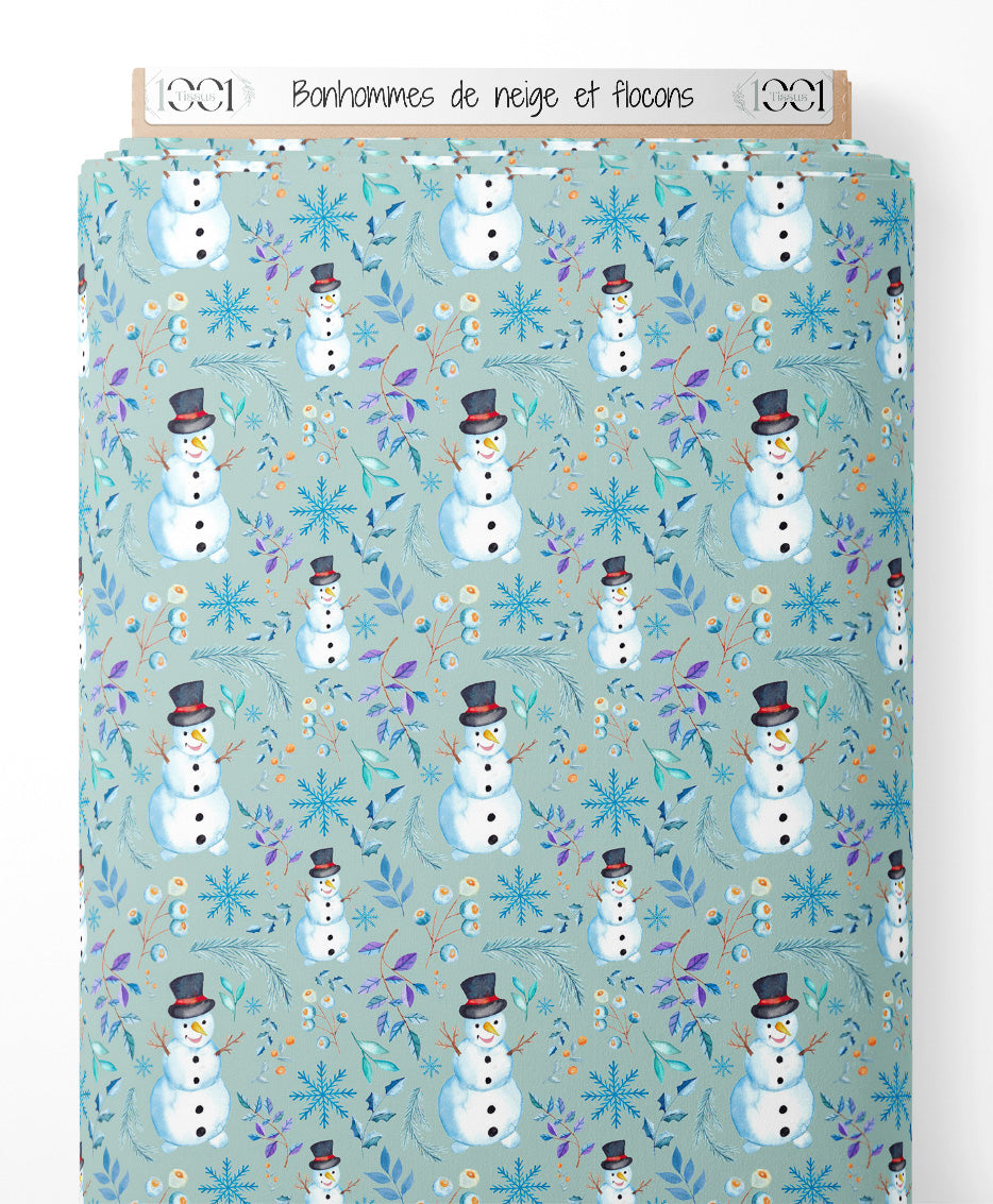 Tissu - Bonhommes de neige et flocons