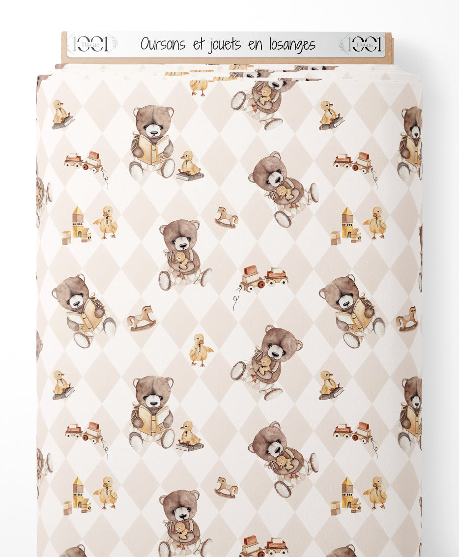 Tissu - Oursons et jouets en losanges