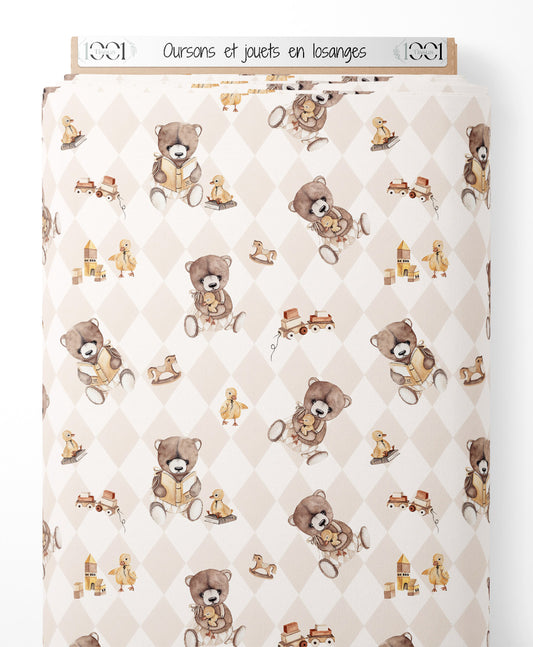 Tissu - Oursons et jouets en losanges
