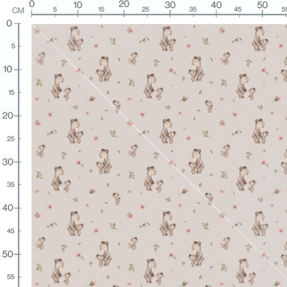 Tissu - Ours bruns et fleurs roses beige