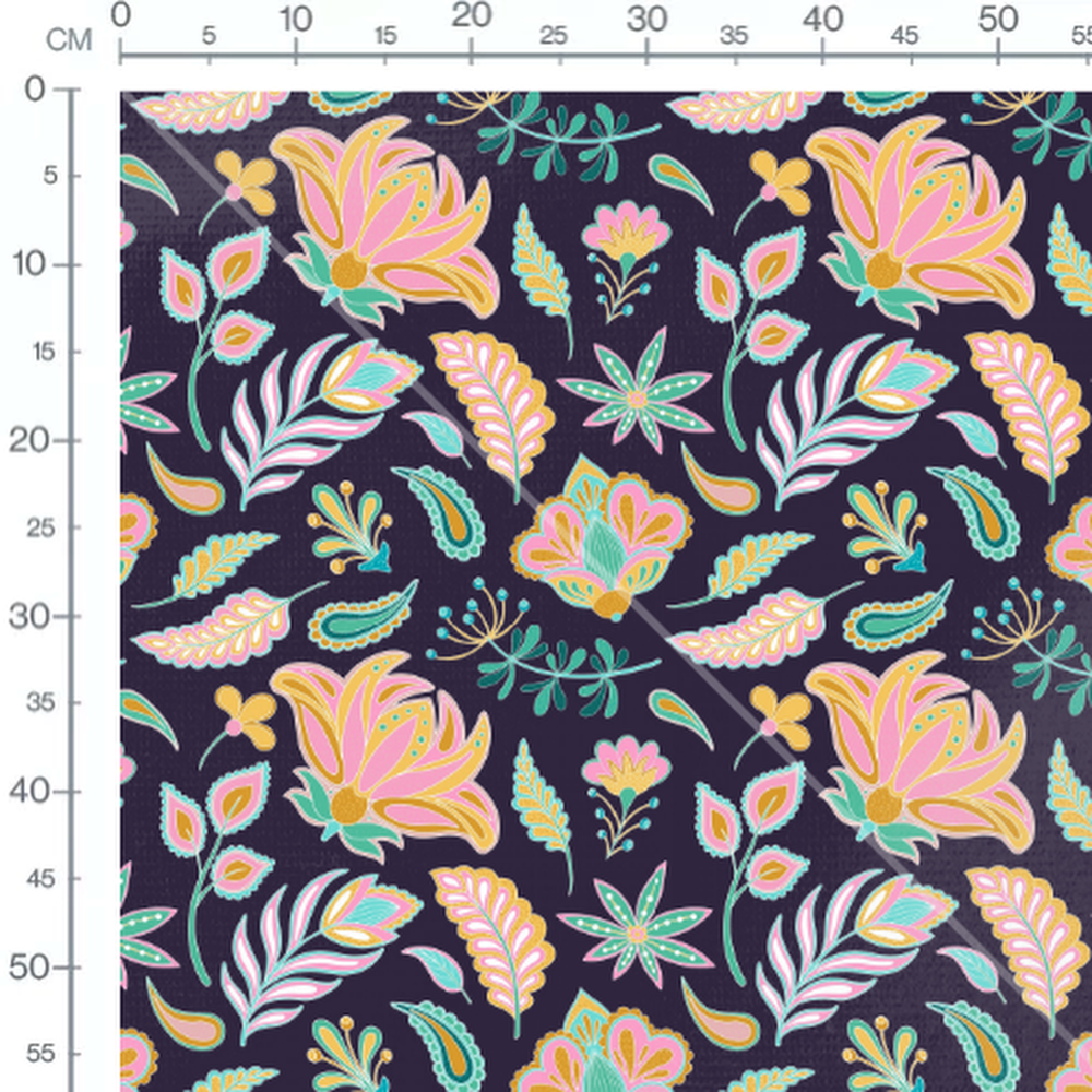 Tissu - Fleurs stylisées sur violet foncé