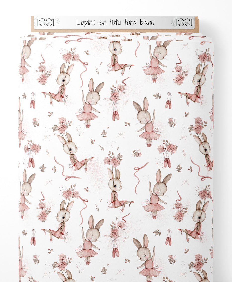 Tissu - Lapins en tutu sur fond blanc