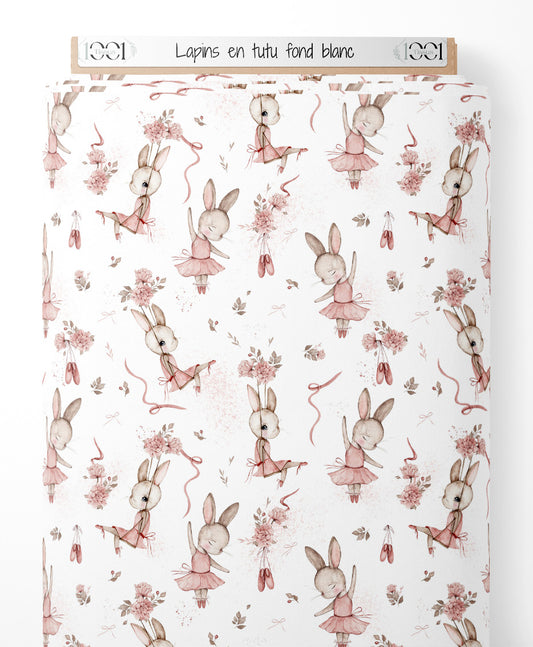 Tissu - Lapins en tutu sur fond blanc