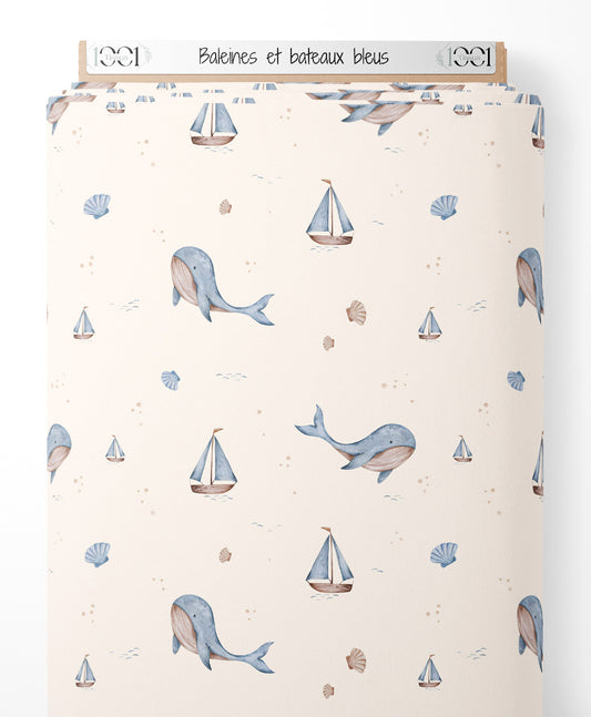 Tissu - Baleines et bateaux bleus