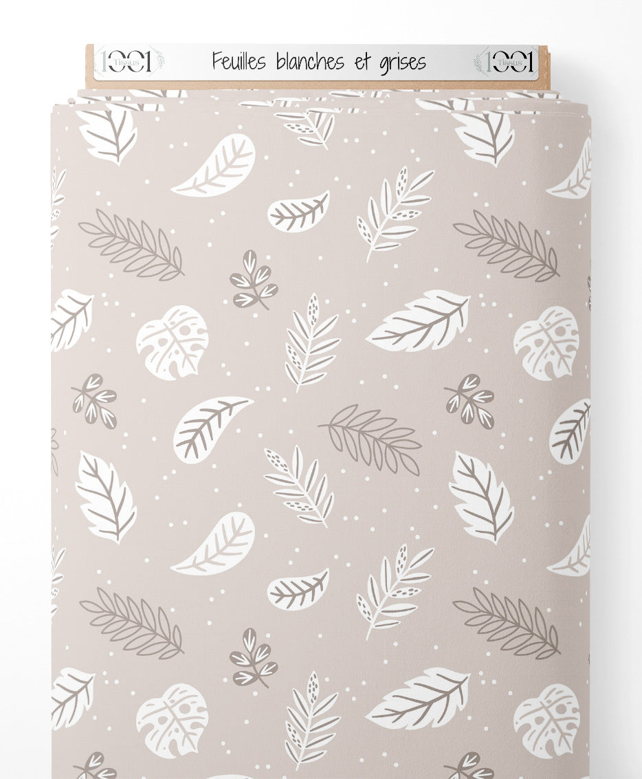 Tissu - Feuilles blanches et grises