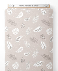 Tissu - Feuilles blanches et grises