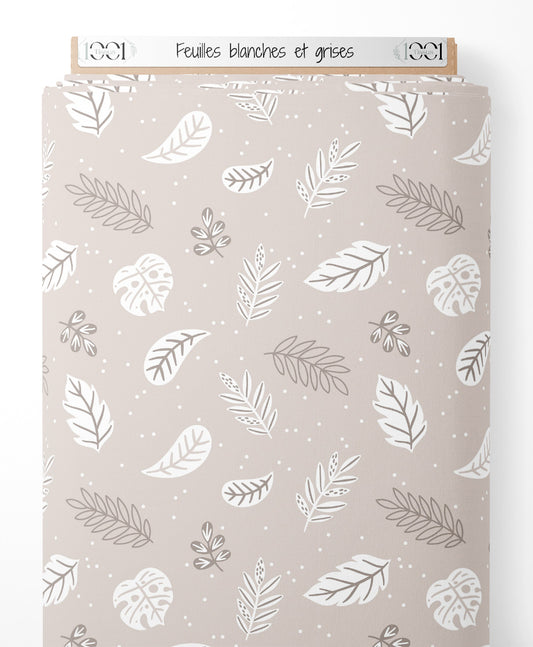 Tissu - Feuilles blanches et grises