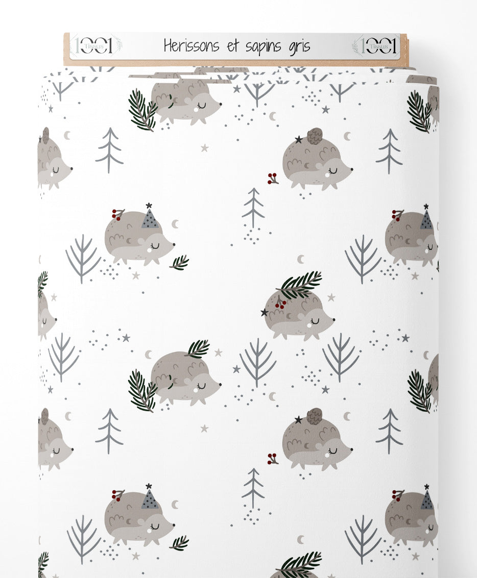 Tissu - Hérissons et sapins gris
