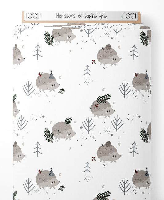 Tissu - Hérissons et sapins gris