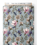 Tissu - Fleurs roses et violettes bleu